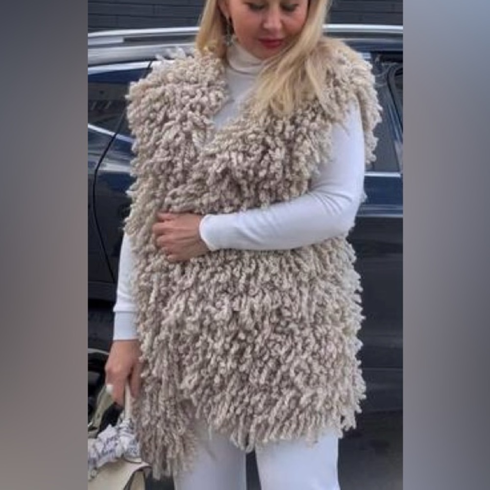 NWOT OUI Shaggy Knit Pom Pom Cardigan Vest